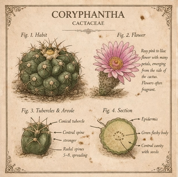 Botanical illustration of Coryphantha species anatomy.