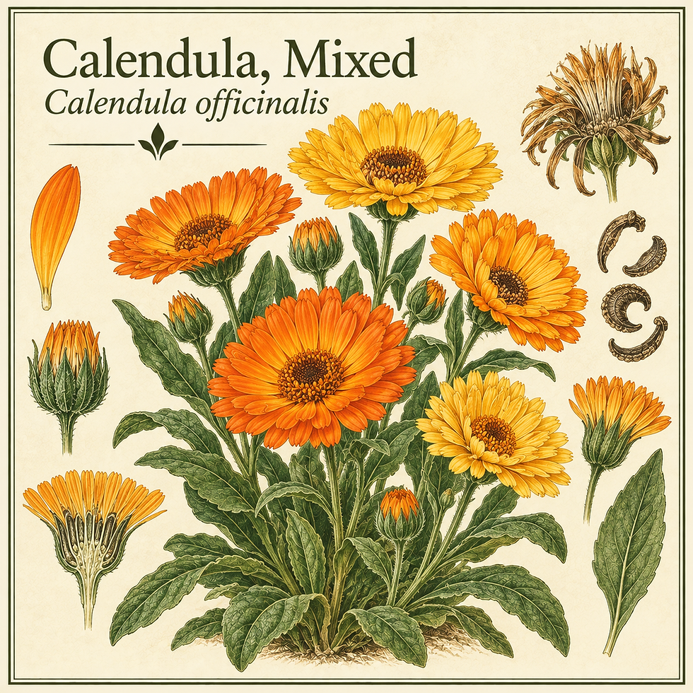 Calendula officinalis botanical illustration with orange and yellow blooms