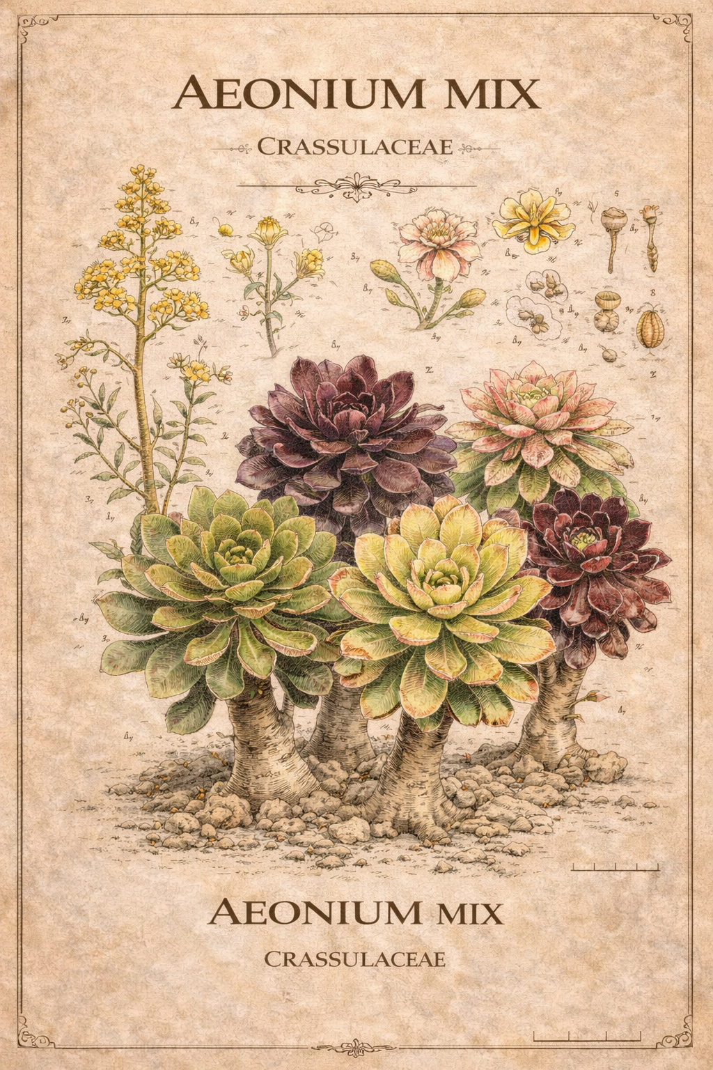 Botanical illustration of various Aeonium species.