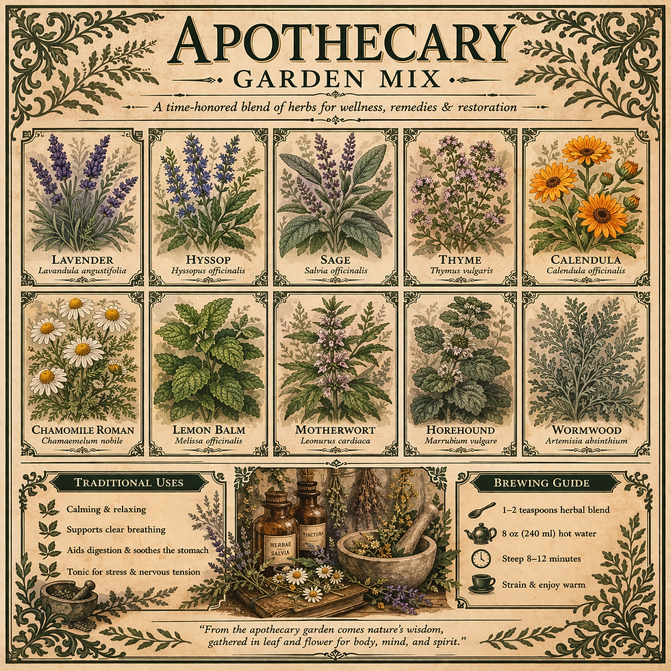 Apothecary Garden Mix label showing a variety of herbs.