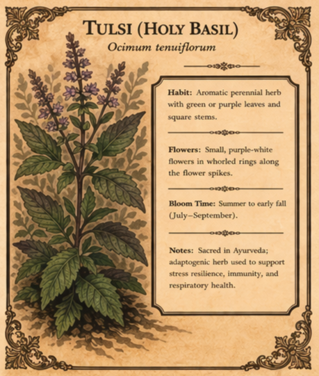 Botanical guide to Rama Tulsi (Holy Basil) herb and flowers