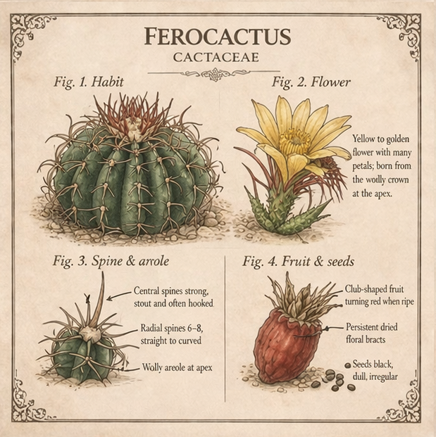 Botanical diagram of Ferocactus species showing habit, flower, spine, and fruit.