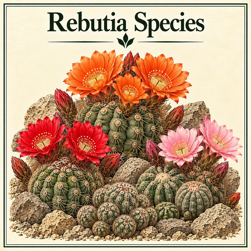 Rebutia species cacti with orange, red, and pink flowers