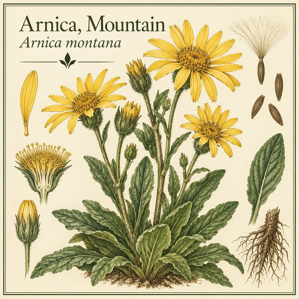 Botanical illustration of Arnica, Mountain (Arnica montana)