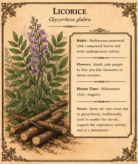 Botanical illustration of licorice plant and its roots.