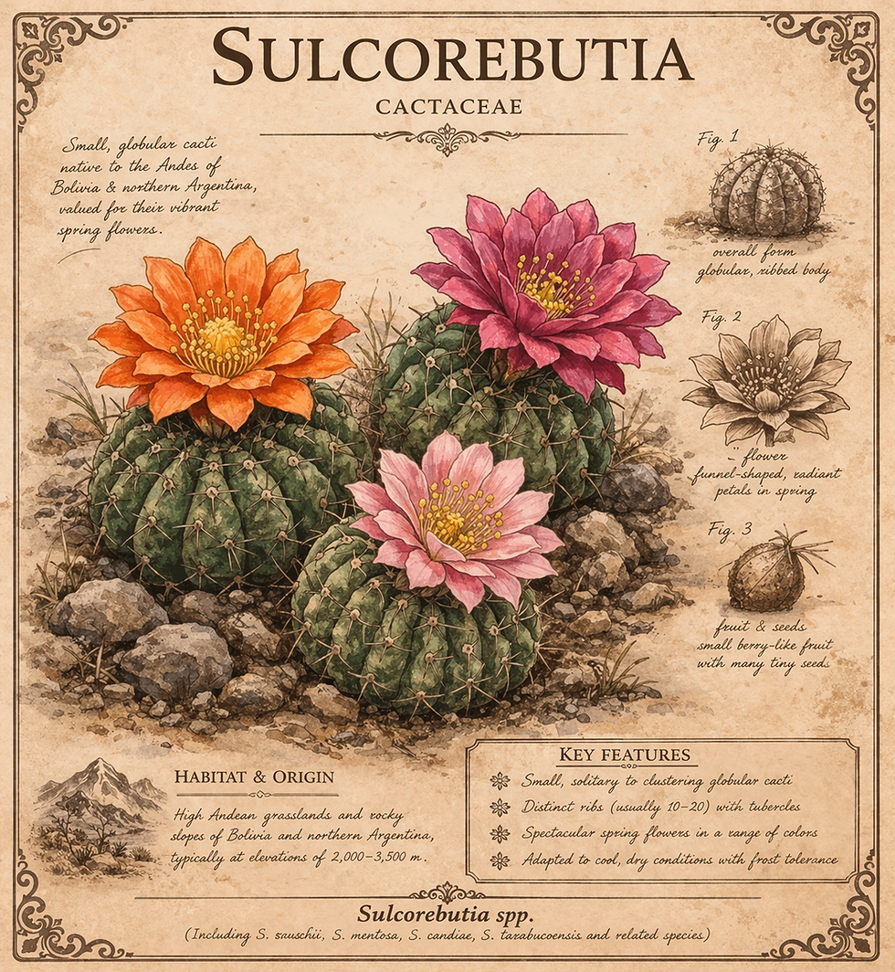 Botanical illustration of Sulcorebutia cacti in bloom.