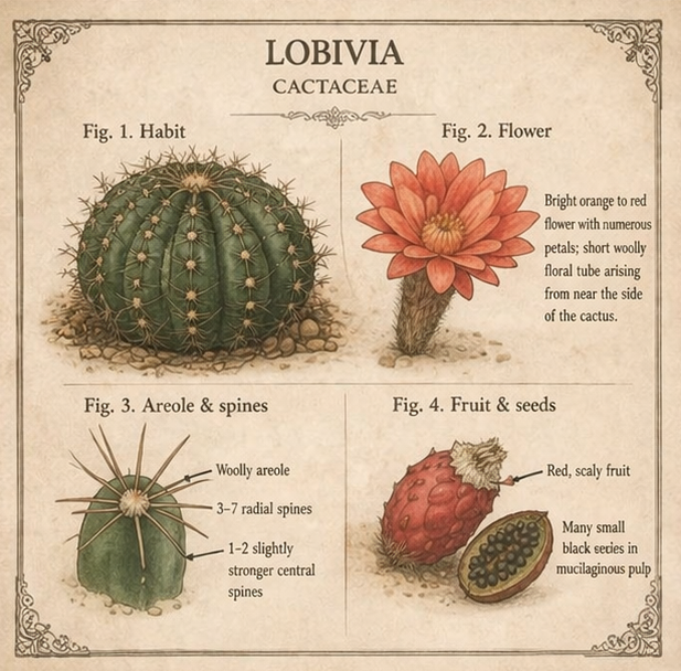 Botanical illustration of Lobivia cactus habit, flower, spines, and fruit.