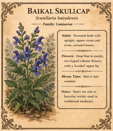 Botanical illustration and profile of Baikal Skullcap.