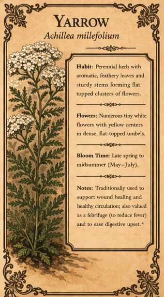 Yarrow botanical illustration with plant facts