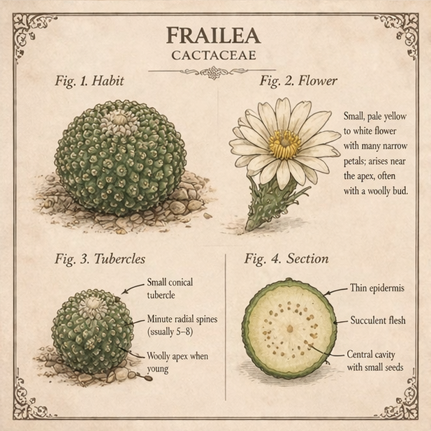 Botanical illustration of Frailea species and flower characteristics.