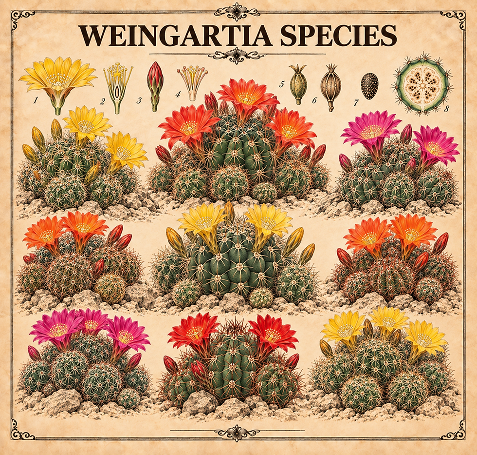 Botanical illustration of various flowering Weingartia species