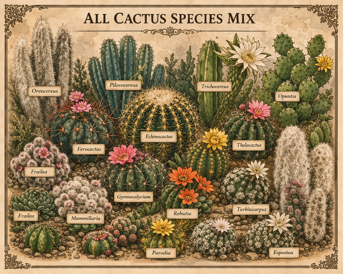 Vintage illustration of Cactus All Species Mix with labels.
