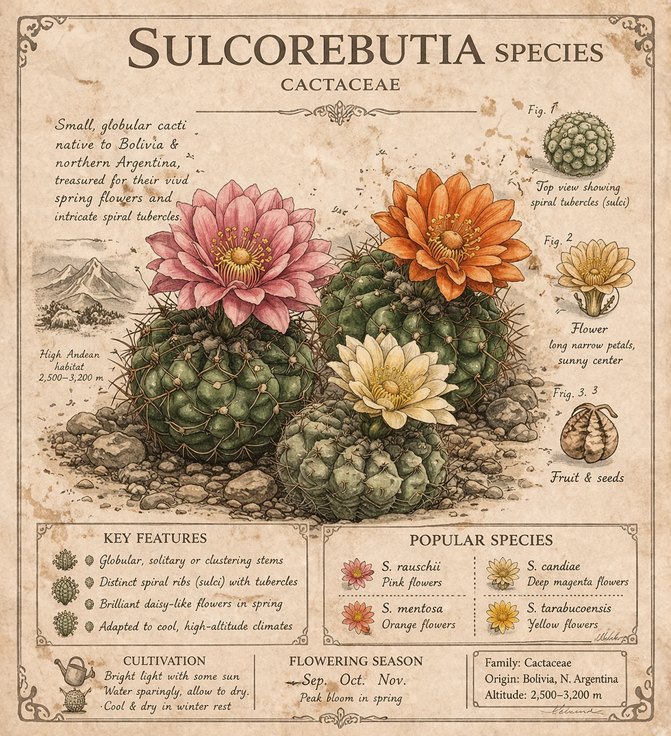 Botanical chart of Sulcorebutia species with cactus flowers.