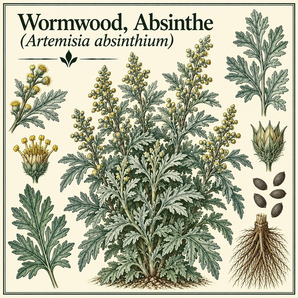 Botanical illustration of Wormwood, Absinthe (Artemisia absinthium)