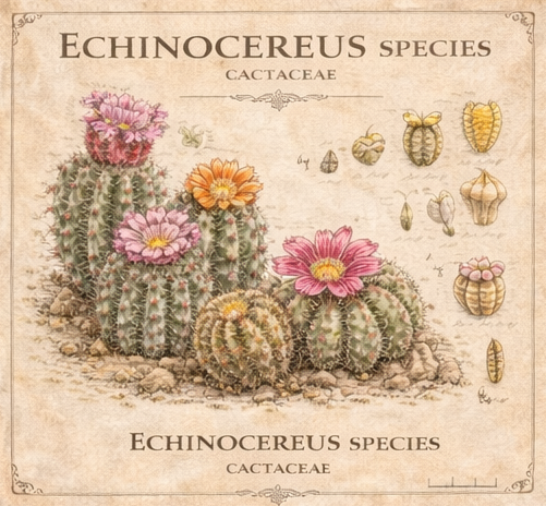 Botanical illustration of Echinocereus species cacti with pink flowers.