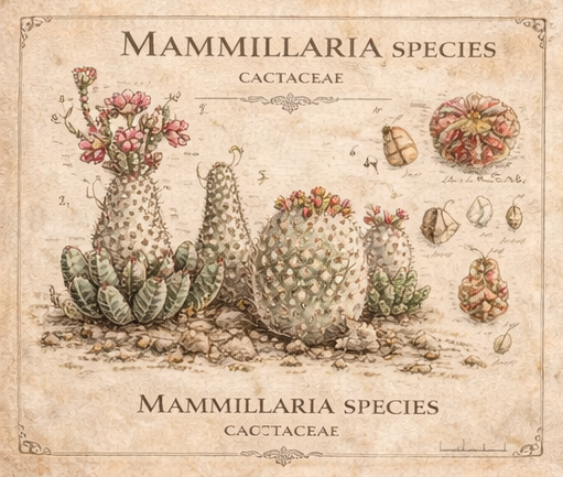 Vintage botanical illustration of Mammillaria species cacti.