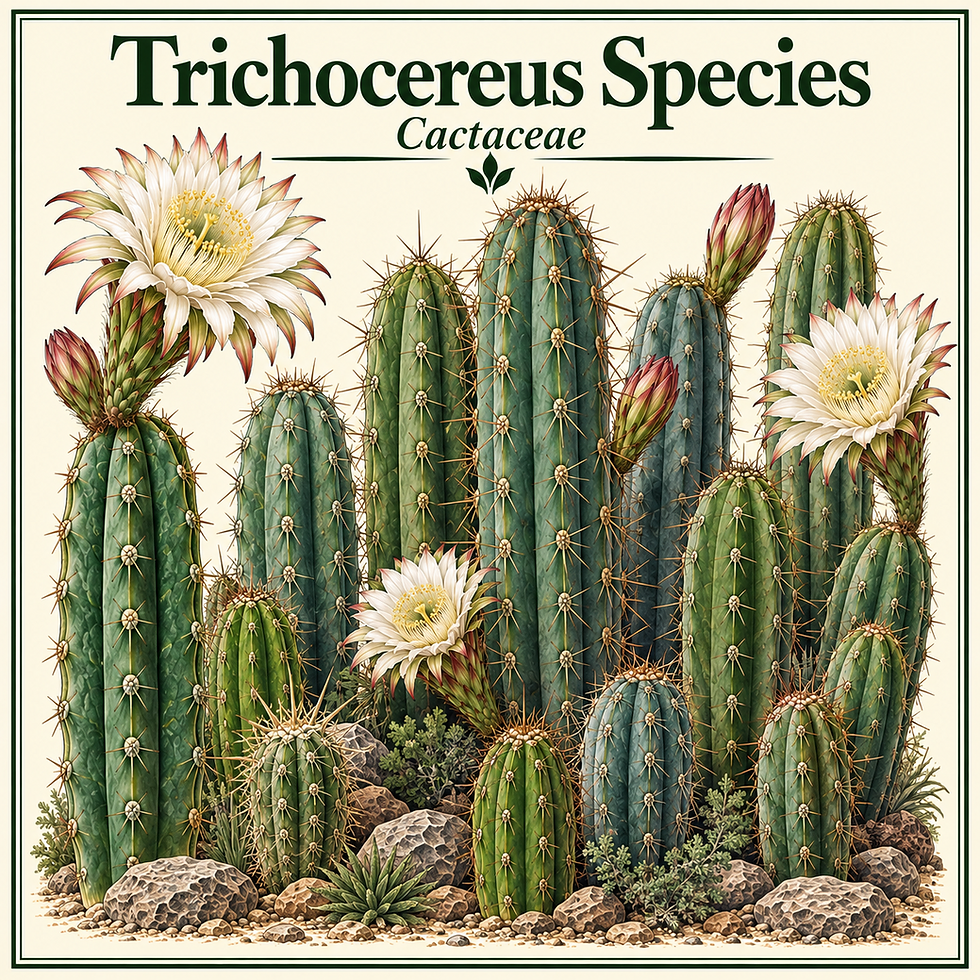 Botanical illustration of flowering Trichocereus species