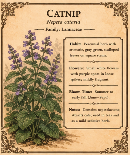 Catnip botanical illustration with plant description and facts