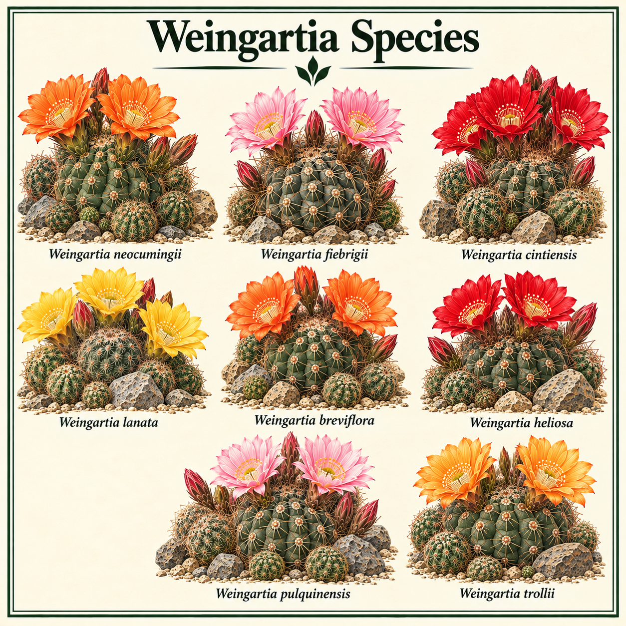 Chart showing eight Weingartia species with colorful blooms.
