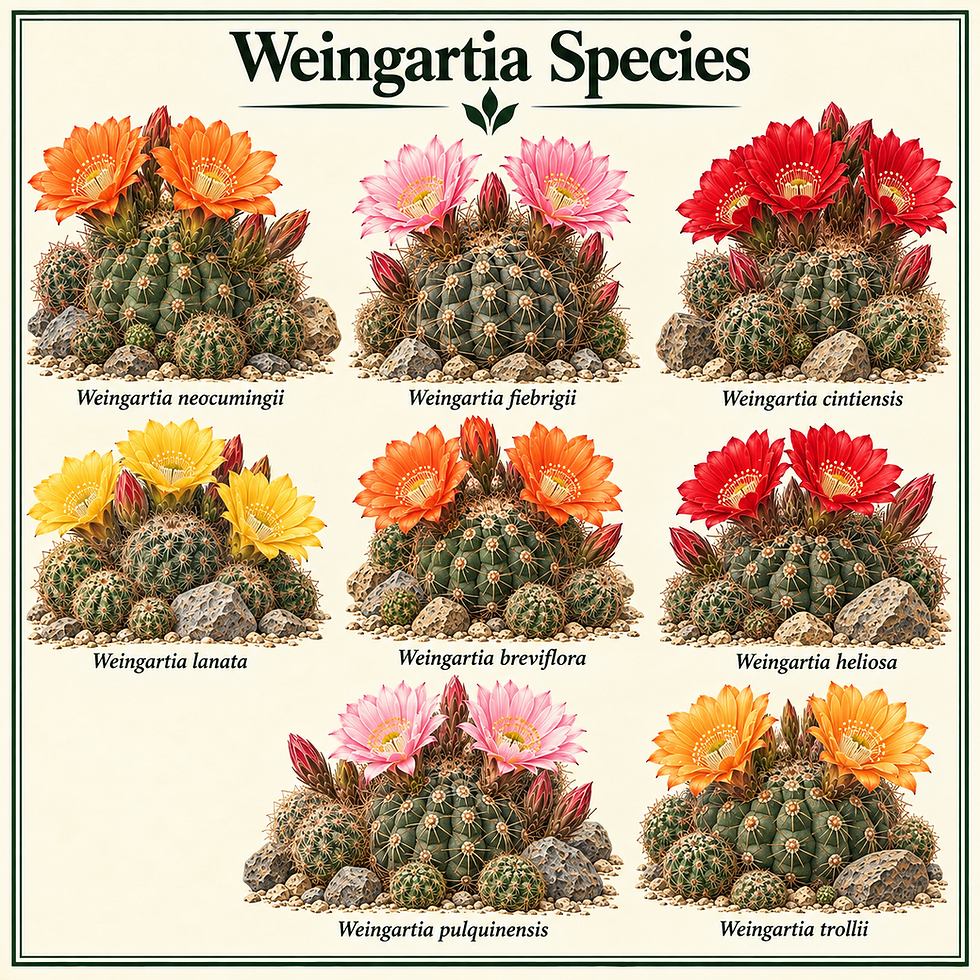 Chart showing eight Weingartia species with colorful blooms.