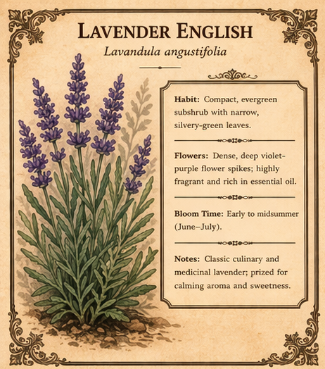 Lavender English botanical illustration with plant details.