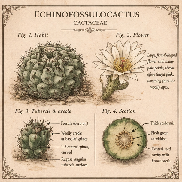 Vintage botanical illustration of Echinofossulocactus species details.