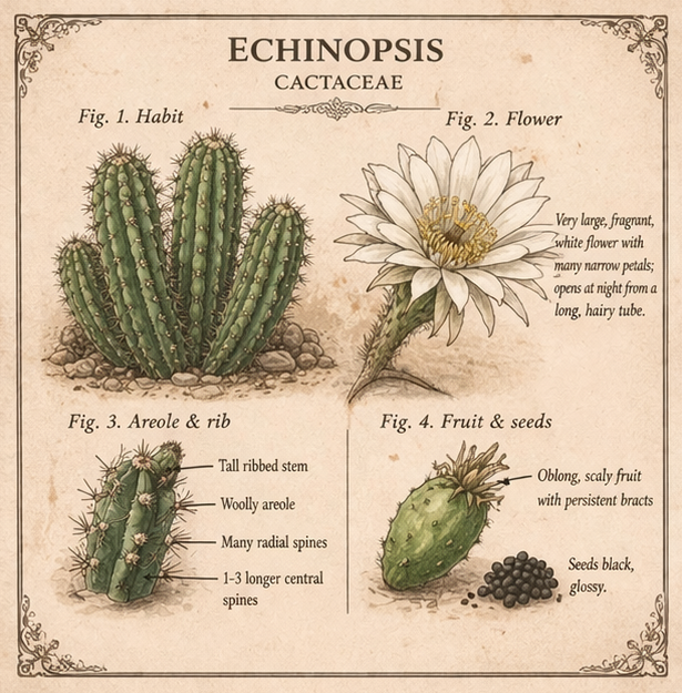Botanical illustration of Echinopsis cactaceae parts