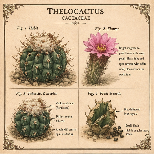 Botanical illustration of Thelocactus species anatomy.