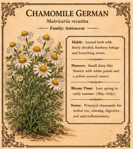 German Chamomile botanical guide with habit and bloom details