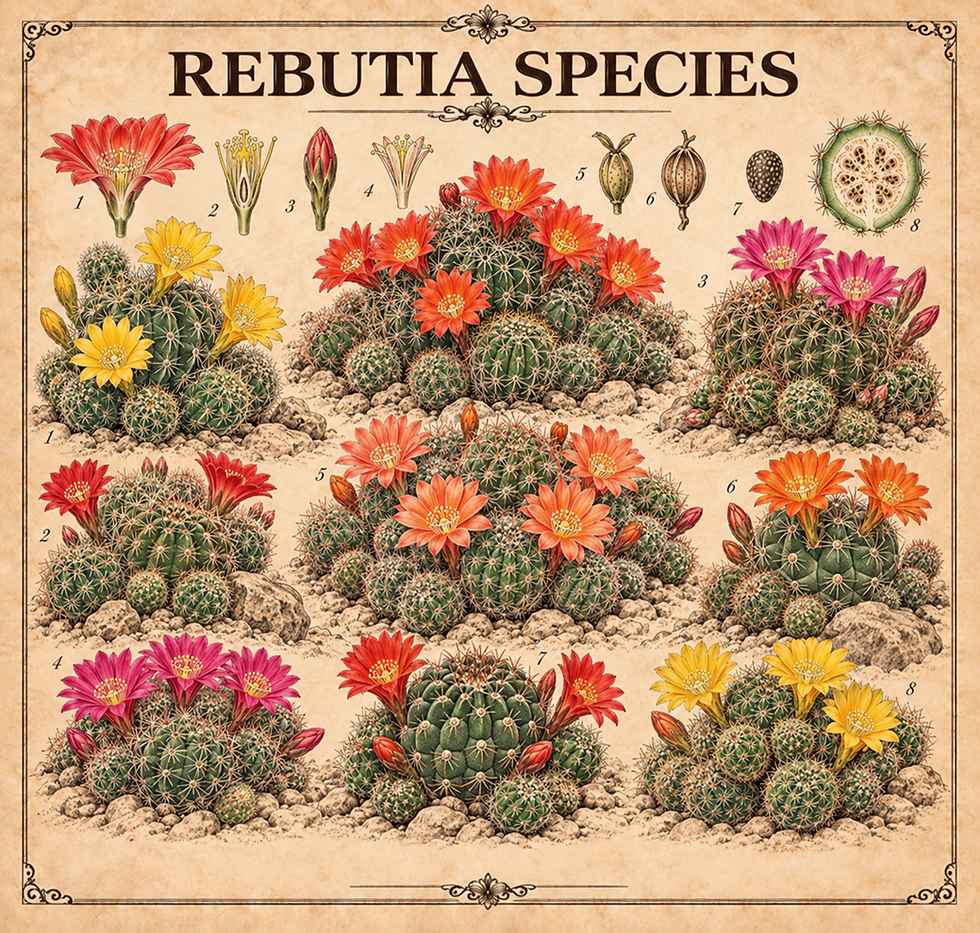 Botanical illustration of various Rebutia species in bloom.