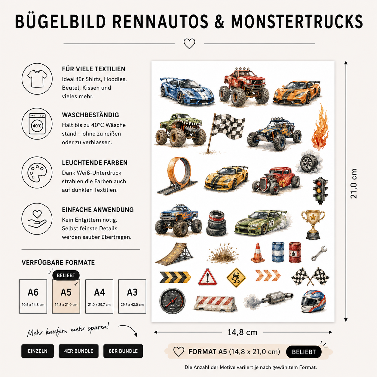 Bügelbild Rennautos & Monstertrucks