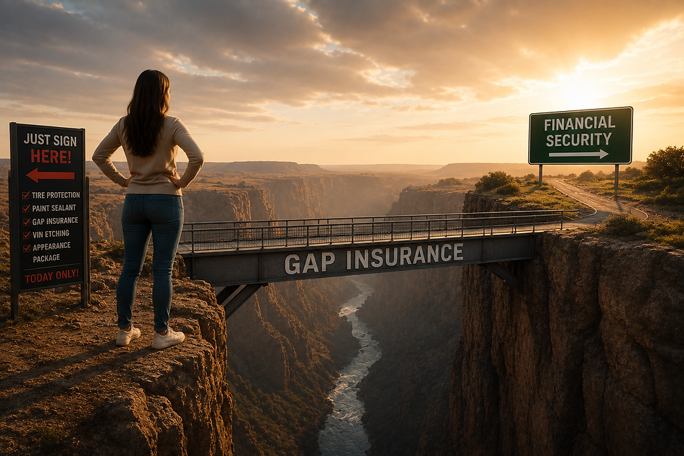 Woman standing on a canyon cliff looking across a bridge labeled GAP Insurance toward financial security, illustrating the question is GAP insurance is worth it.