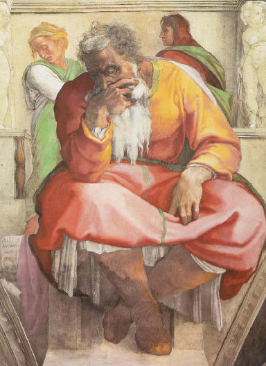 Michaelangelo's painting of a downcast Jeremiah from the ceiling of the Sistene Chapel. Source: https://upload.wikimedia.org/wikipedia/commons/9/9b/Michelangelo_Buonarroti_027.jpg
