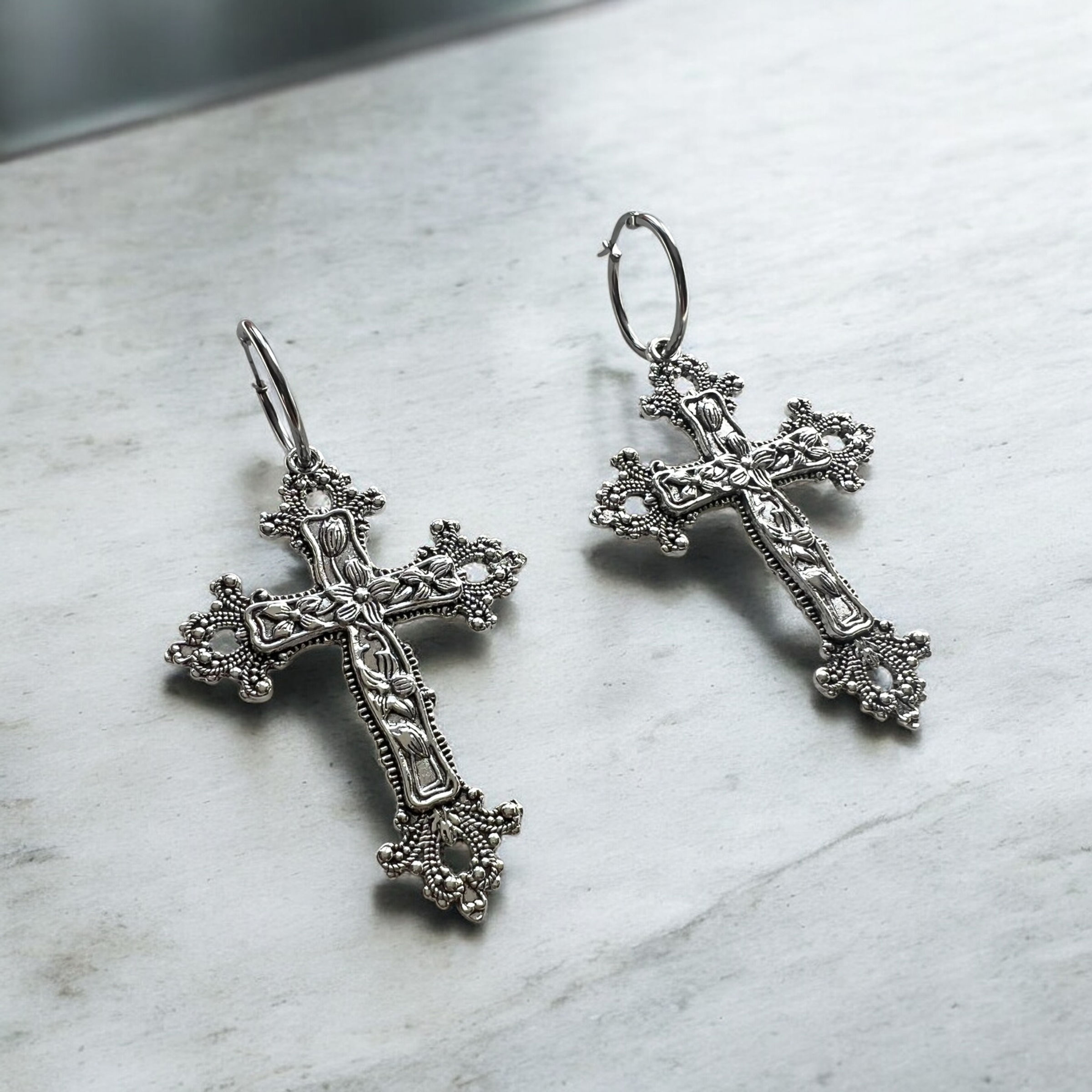Rosa - Large Gothic Cross Hoop Earrings