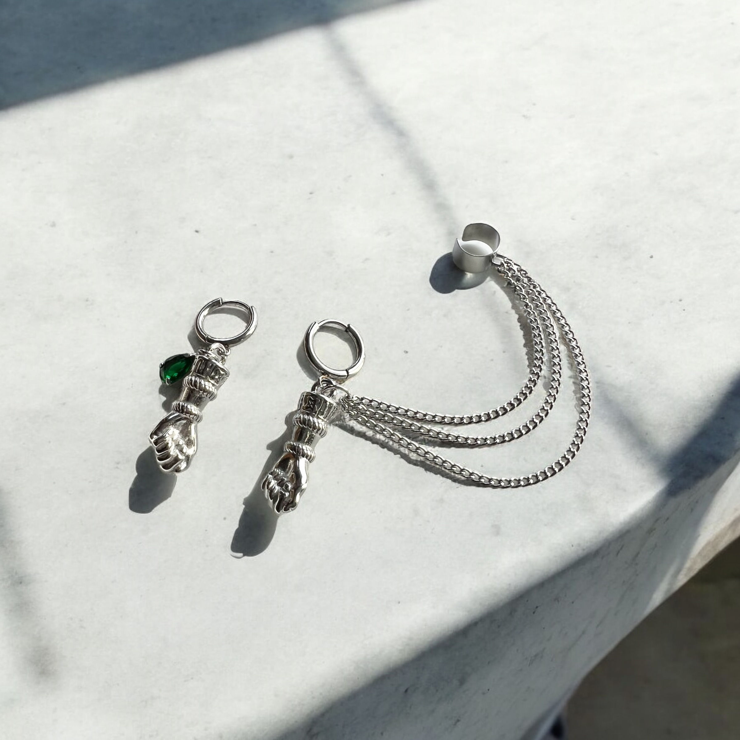 Cleopatra (Premium) - Ancient Hand Fist Teardrop And Chain Ear Cuff Earrings