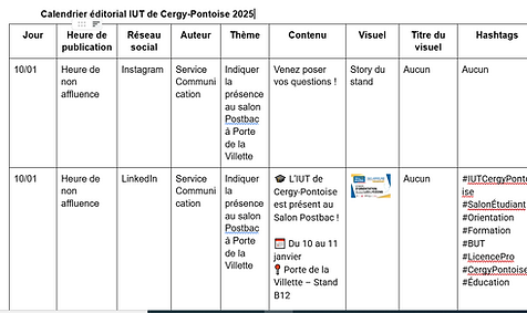 Exemple de calendrier éditorial complet utilisé pour le stage à l’IUT de Cergy-Pontoise