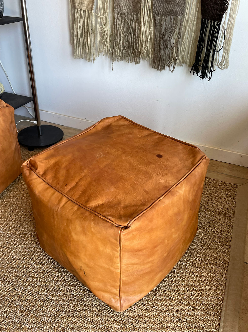 Thumbnail: Vintage Tan Leathered Cube Footrest/ Pillow