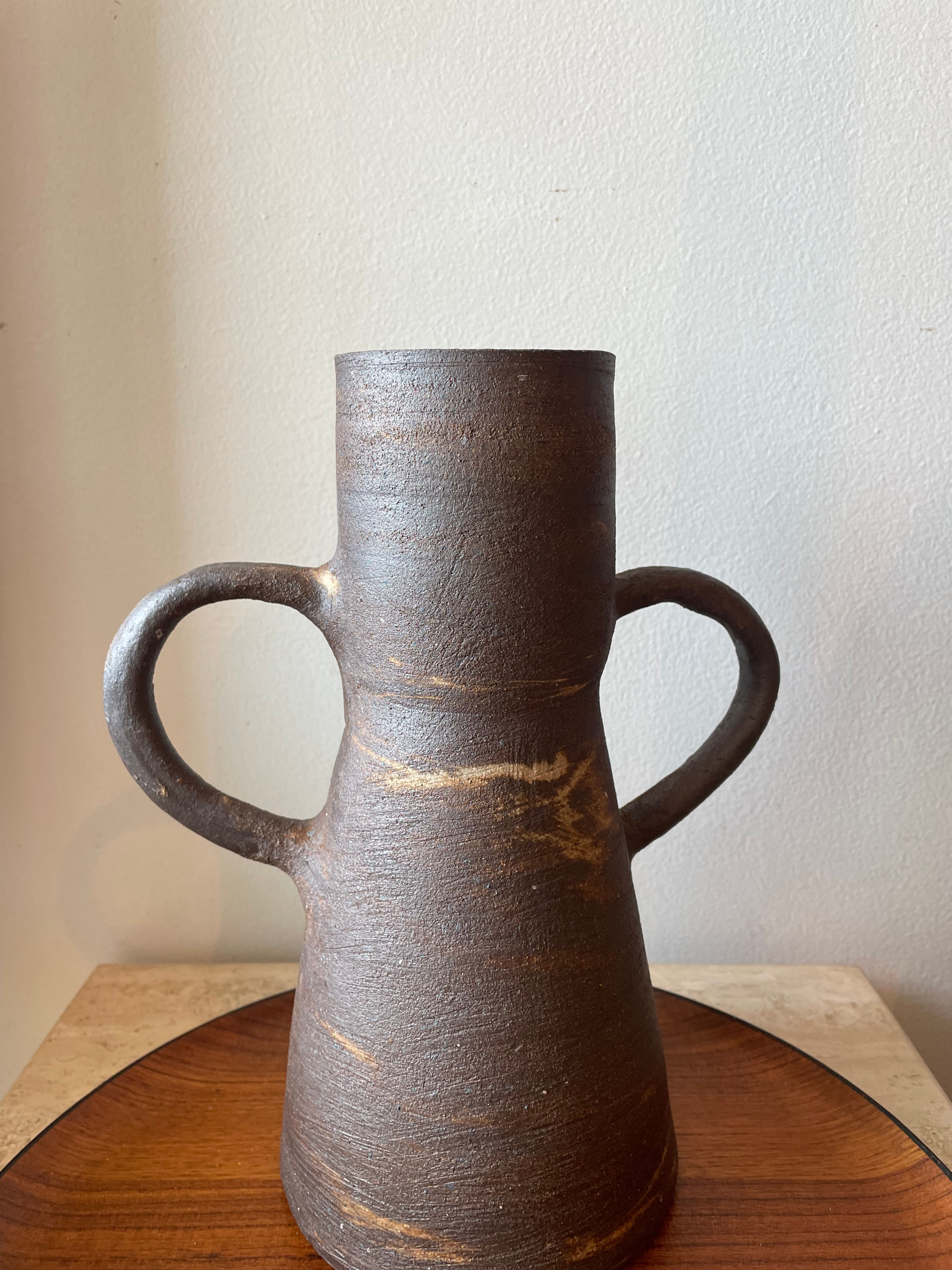 Brown Ceramic Primitive Vase w/ Handles