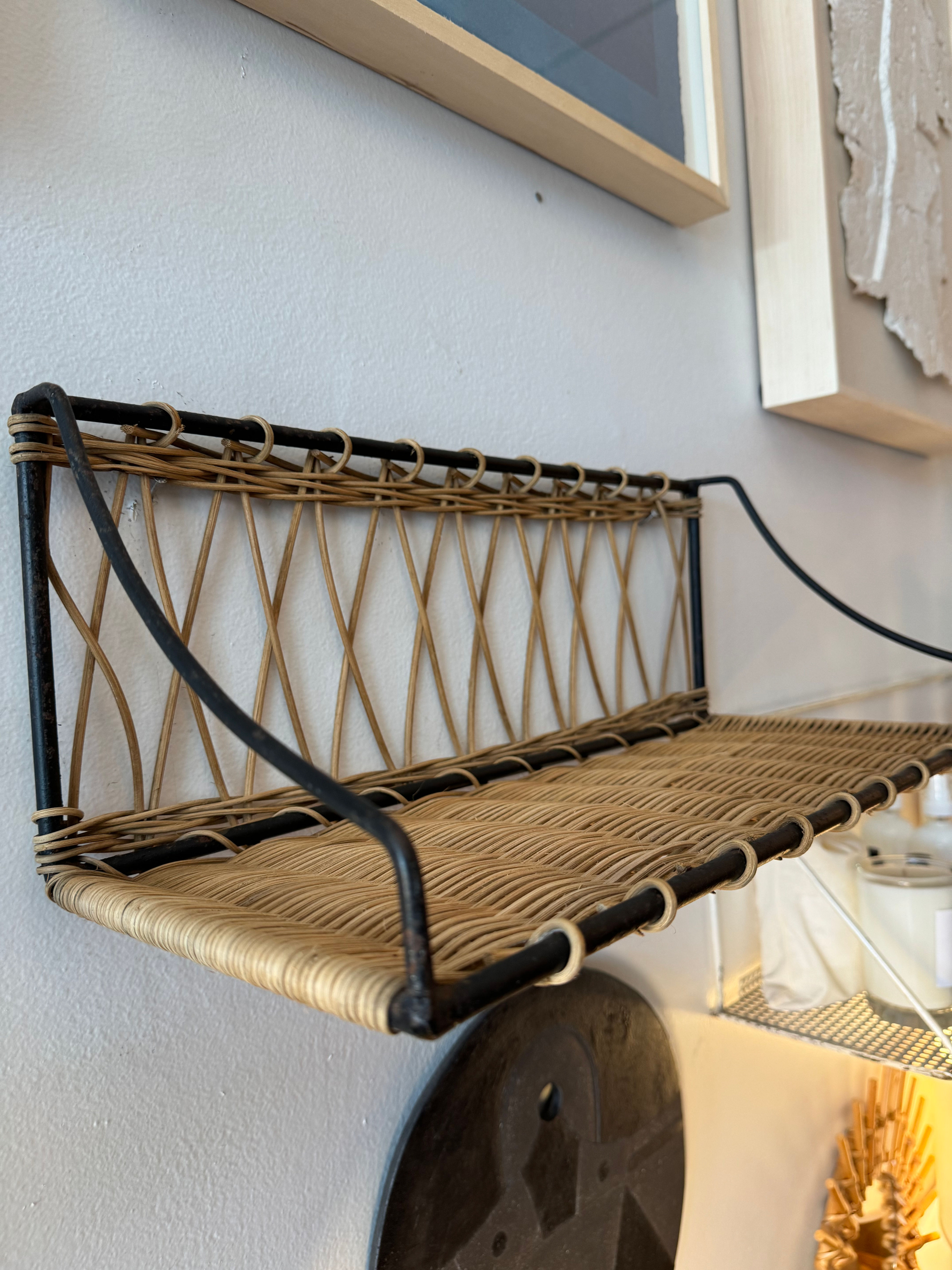 1950's French Rattan Iron Wall Shelf