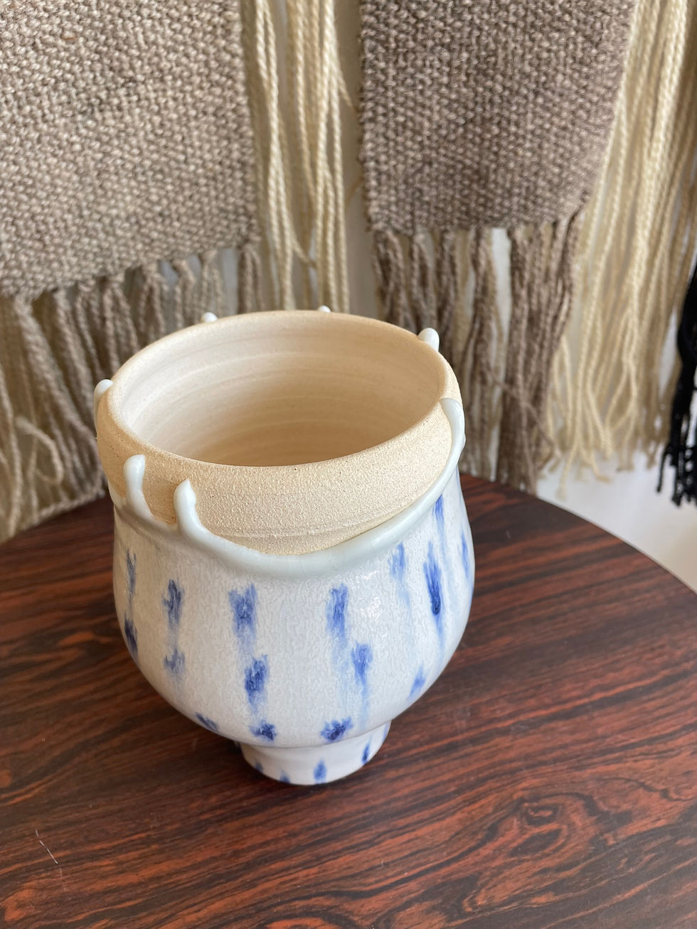 Thumbnail: White Ceramic Vessel or Planter  w/ Blue
