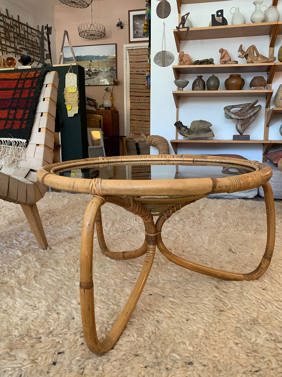 Thumbnail: French Mid Century Modern Rattan/ Glass Side Table