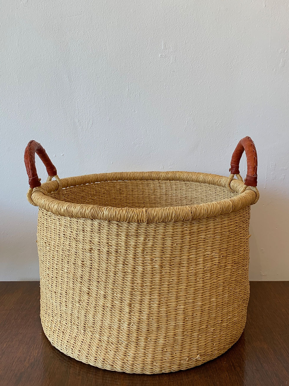 Thumbnail: Handwoven Bucket Basket w/ Leather Handles