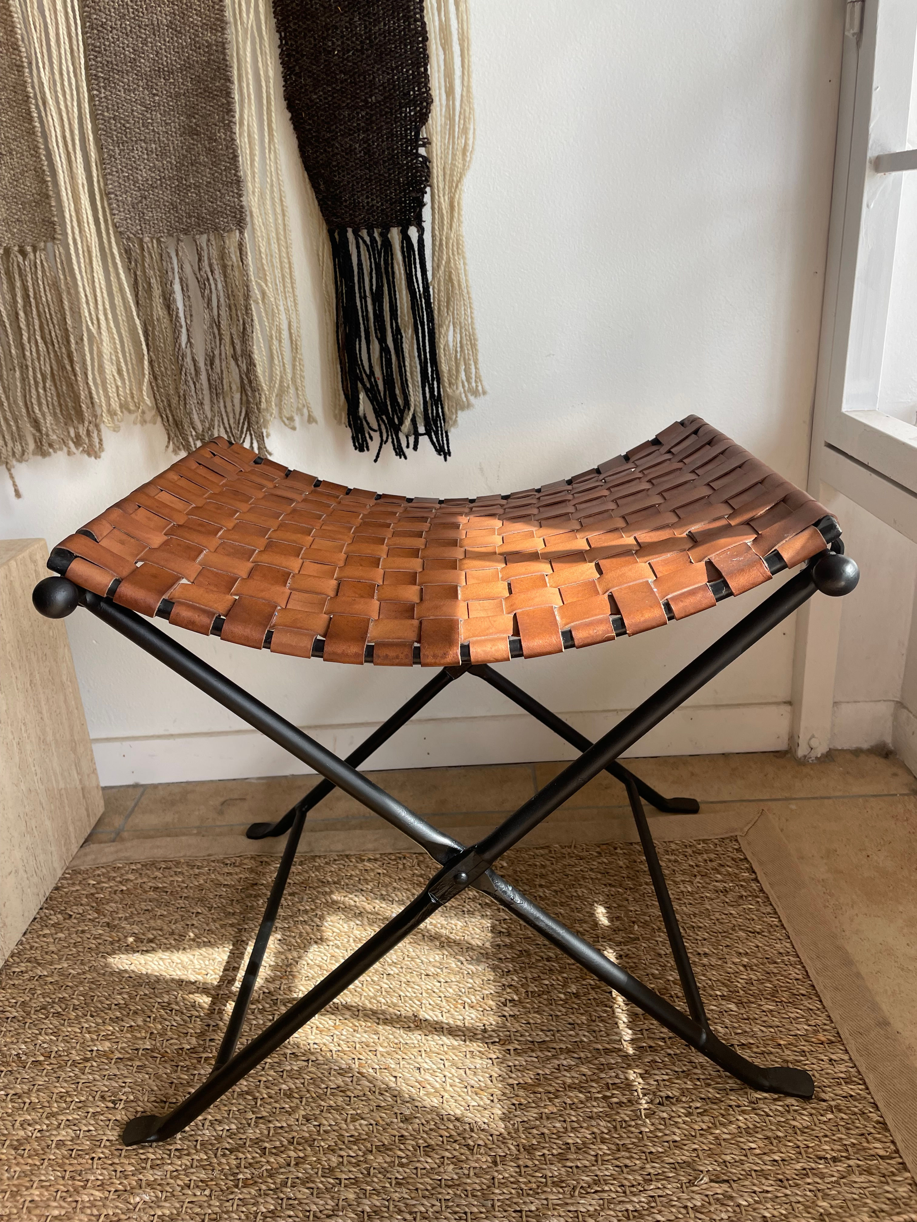 Vintage Leather and Iron Folding Ottoman