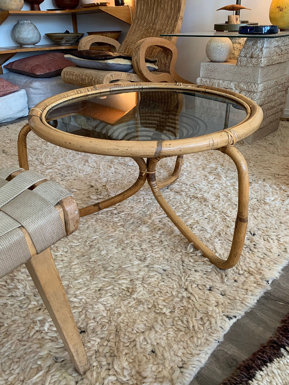 French Mid Century Modern Rattan/ Glass Side Table