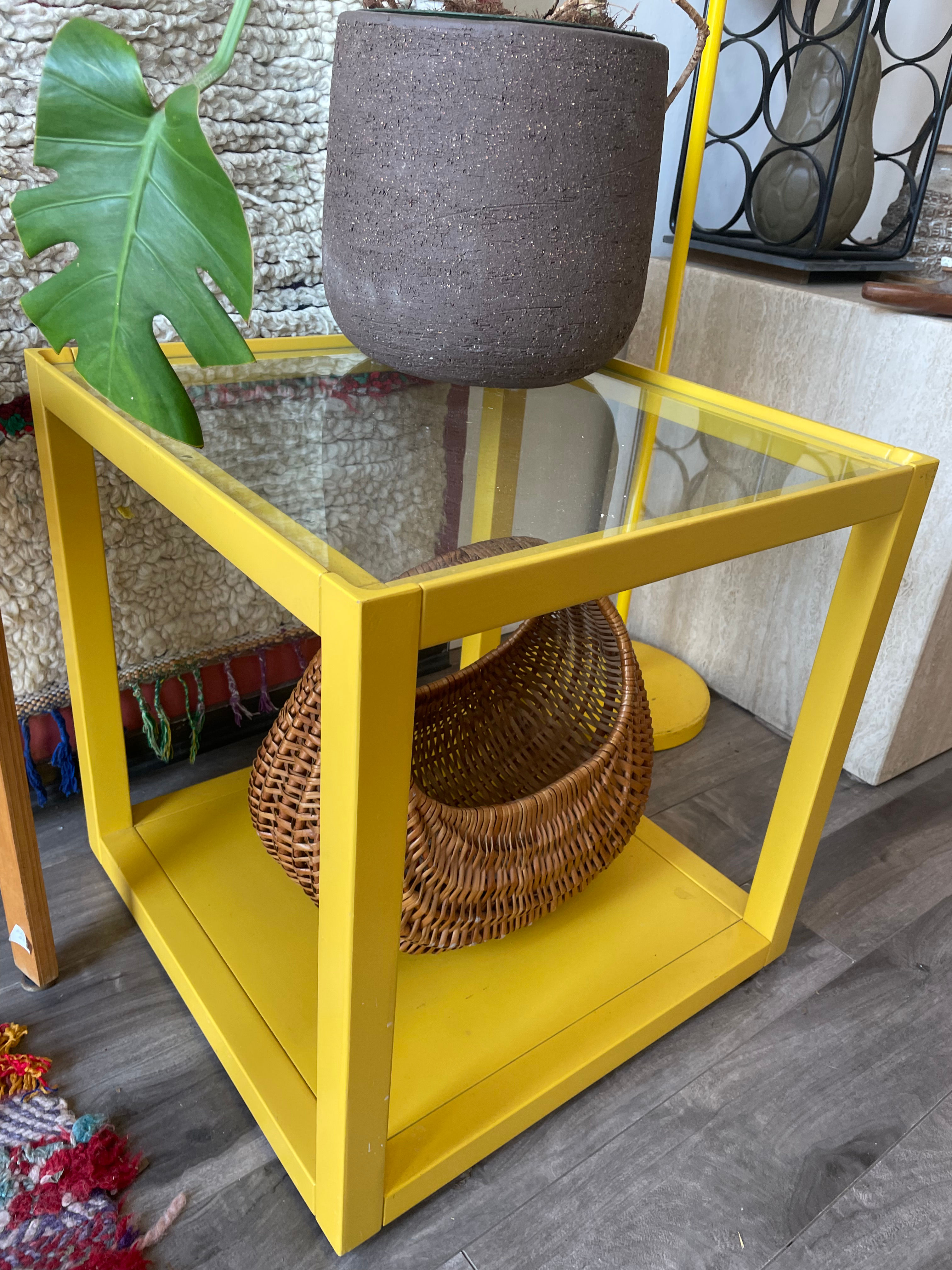 1960's Yellow square metal & glass table