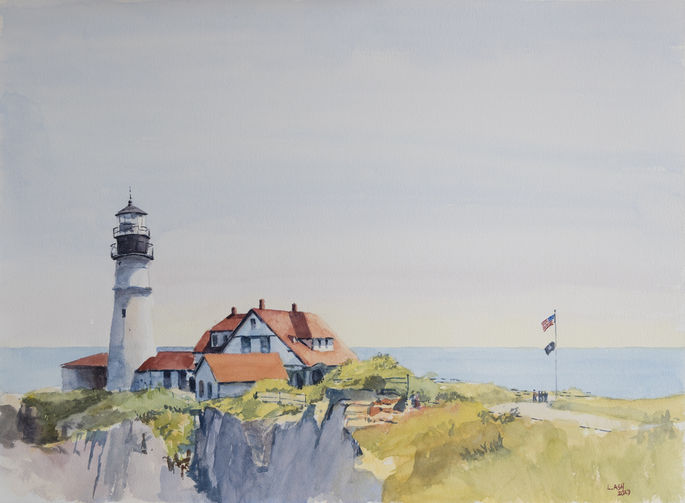 Watercolor painting of Portland Head Lighthouse
