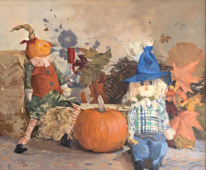 Oil painting of scarecrow toy in still life setup