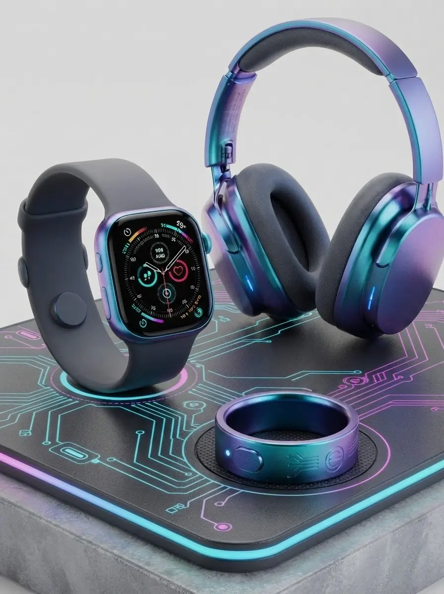 Smartwatch, headphones, and ring on a charging pad.