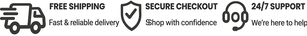 Free shipping, secure checkout, and 24/7 support icons.