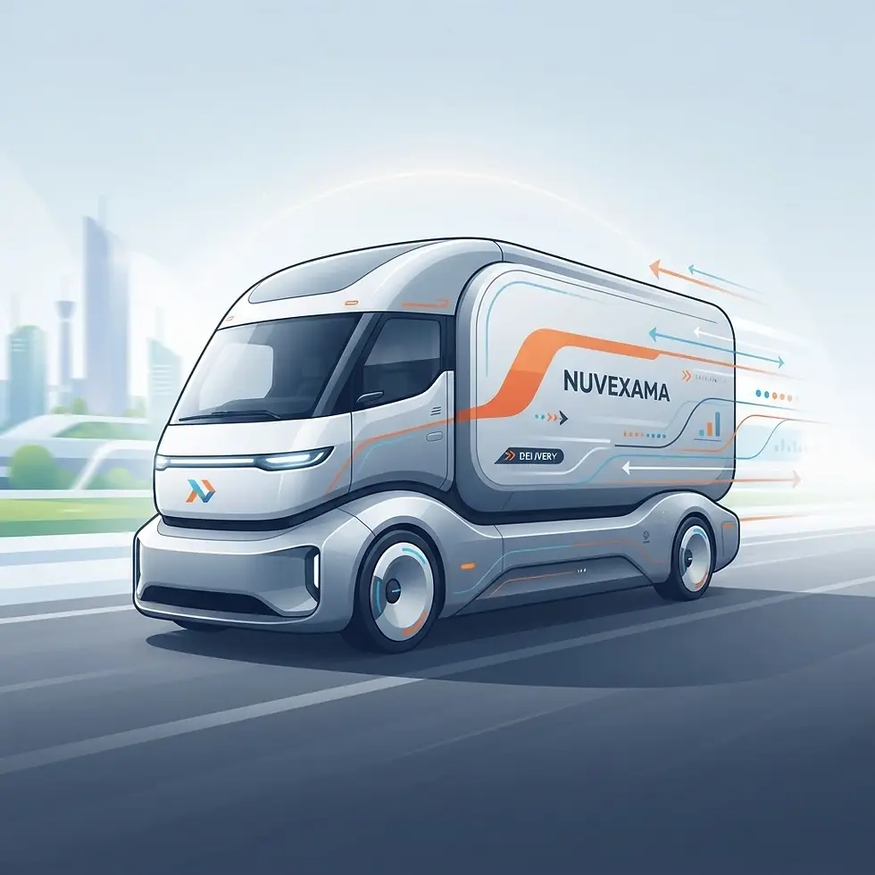 Autonomous electric delivery truck with latest smart home technology trends.